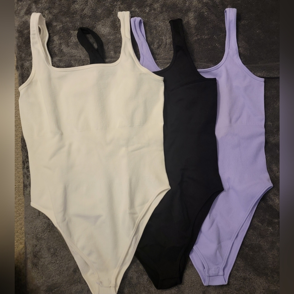 Ladies Ribbed Slimming One-Piece Bodysuit Pack - White, Black & Lavender